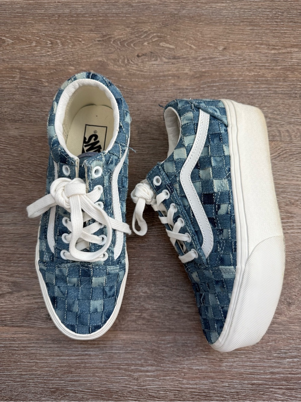 Vans Blue Denim Checkerboard Platform Sneakers 7.5